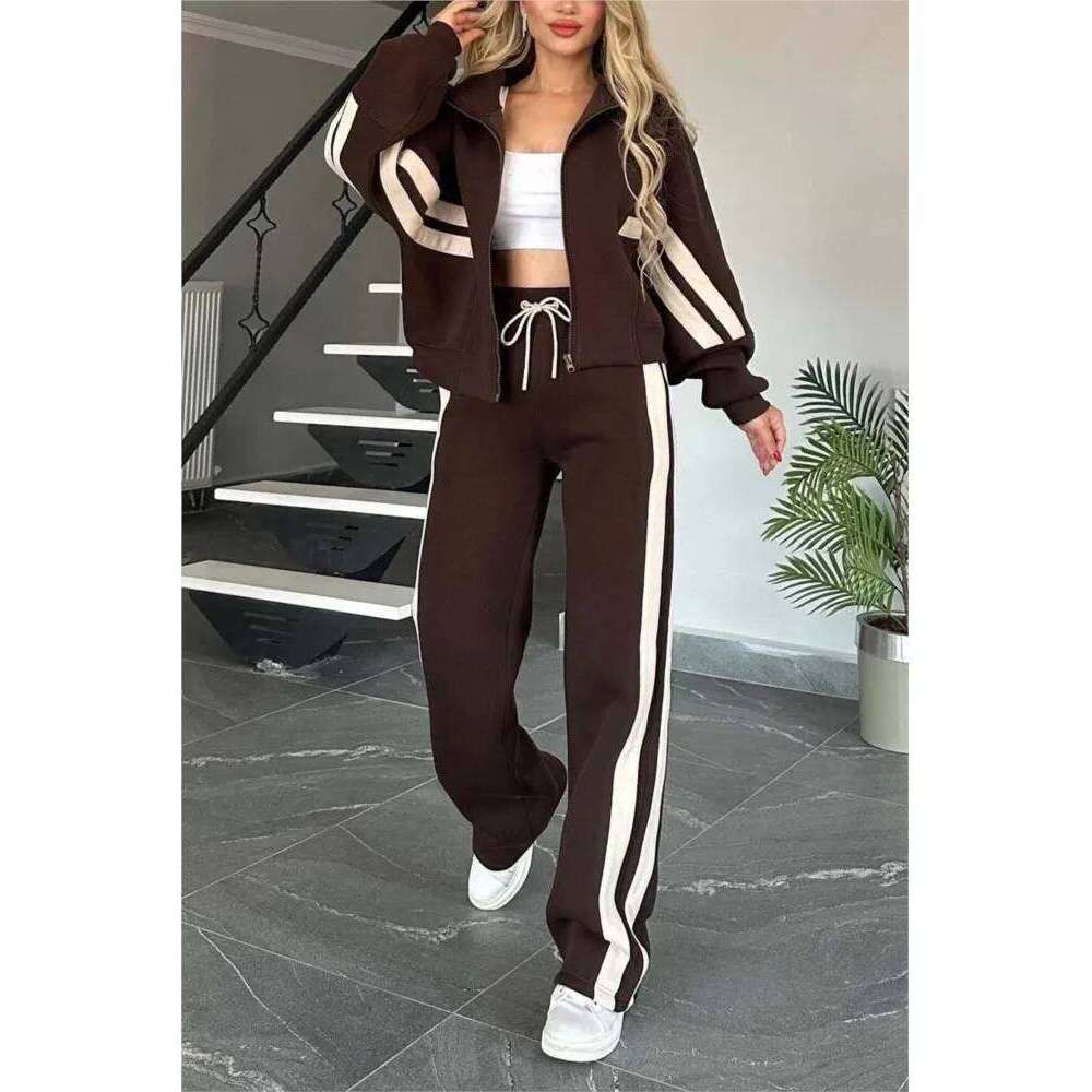 2025 Autumn Winter New Two-piece Set Women's Zipper Striped Loose Jacket Outwear And High Waist Side-striped Pants Sports Sets C260312