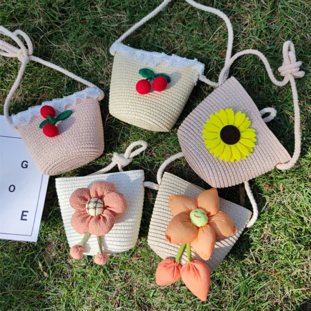 Handmade Summer Children Girls Shoulder Bag Flower Straw Baby Bags Messenger Kids Keys Coin Purse Cute Princess Mini Handbag 260311