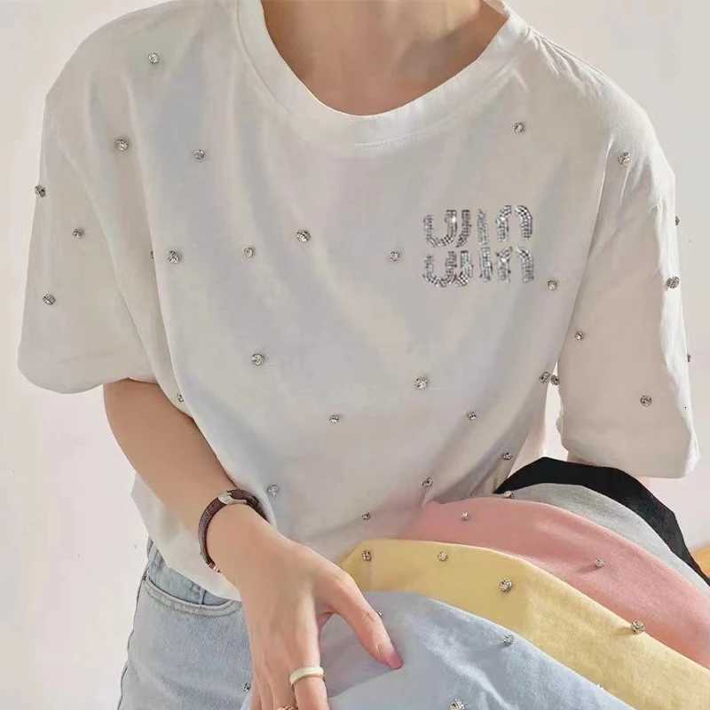 Pure Cotton Diamond Decoration Short Sleeves T-shirt for Womens Summer Letter Print Round Neck Loose Top Fashion Women ClothingT260312