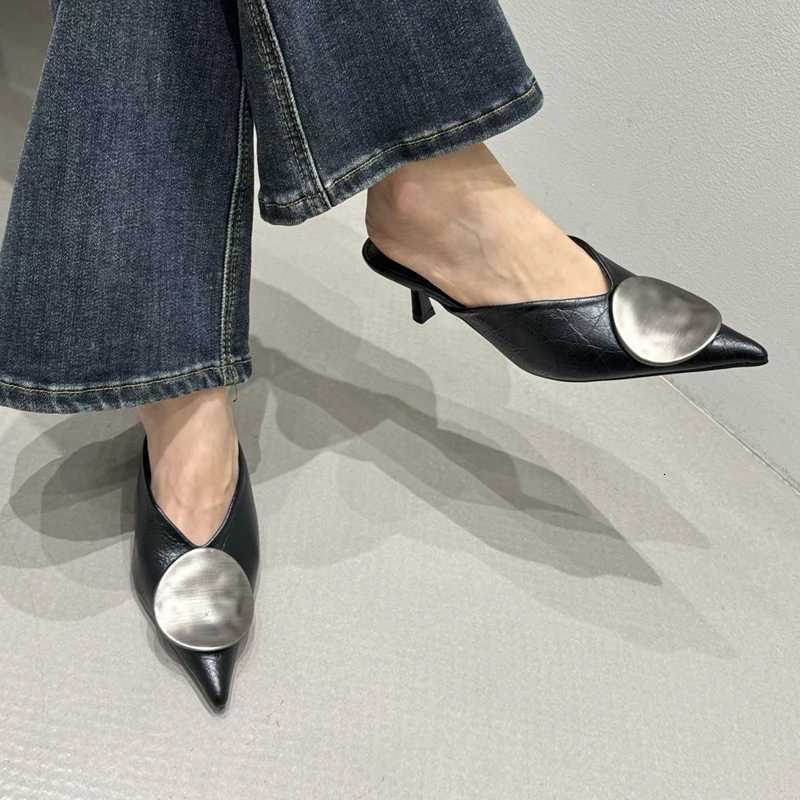 SUOJIALUN 2026 Spring New Women Slipper FAshion Pointed Toe Shallow Slip on Mules Shoes Metal Outdoor Dress Slides K260312