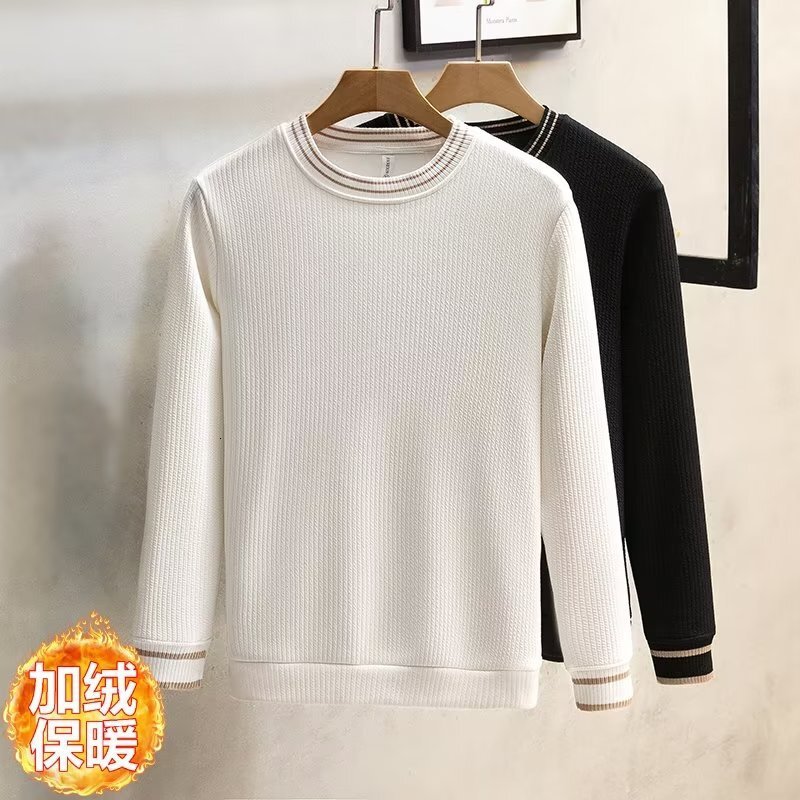 Autumn And Winter Fleece-lined Thickened Light Designer Hoodie Luxury Warm Ribbed Color-blocked Round-neck Sweatshirt For Men Slim-fit Casual Trendy B