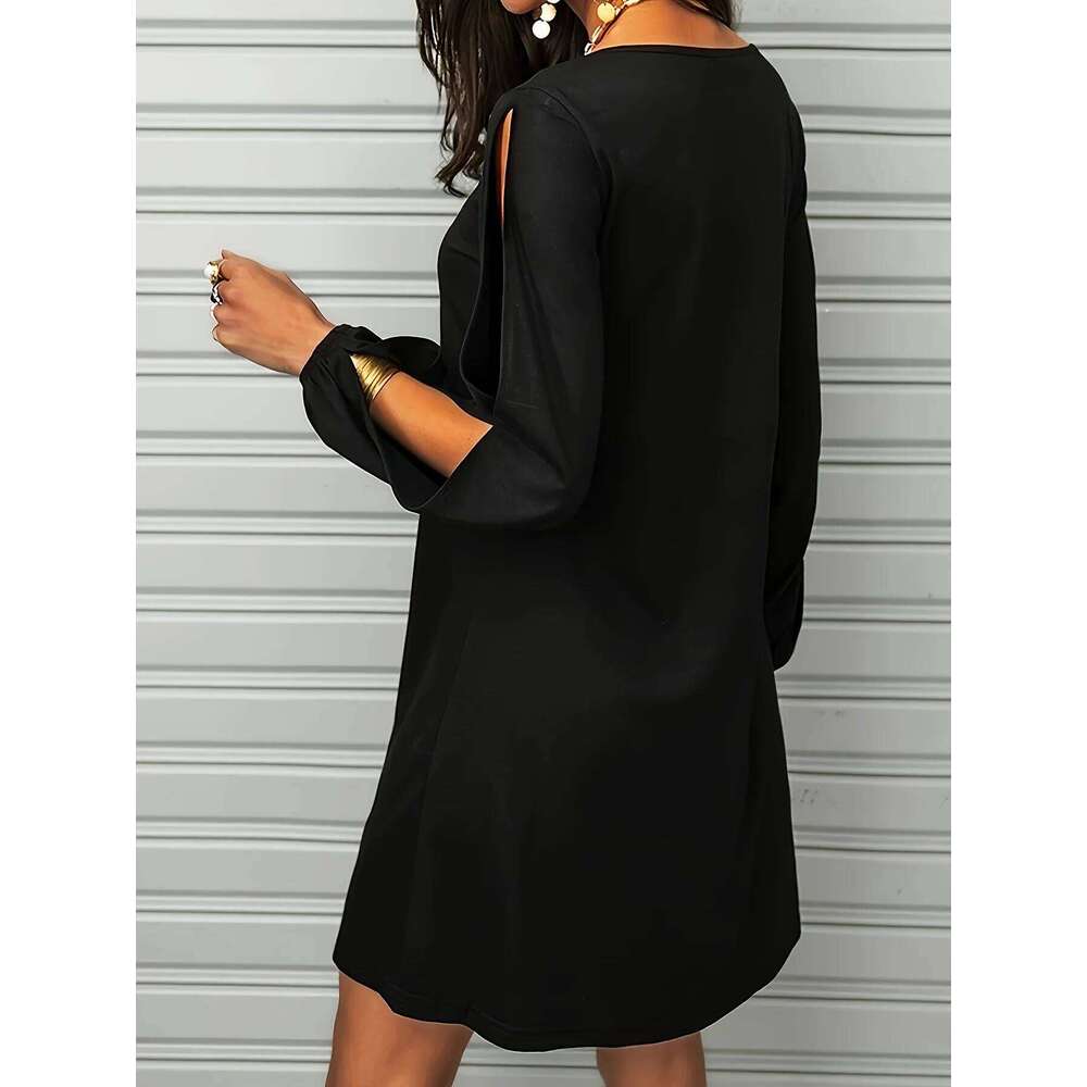Plus Size Women's Black Long-Sleeve Cold-Shoulder Cutout Elastic Cuff Casual Mini Dress 2026 New C260312