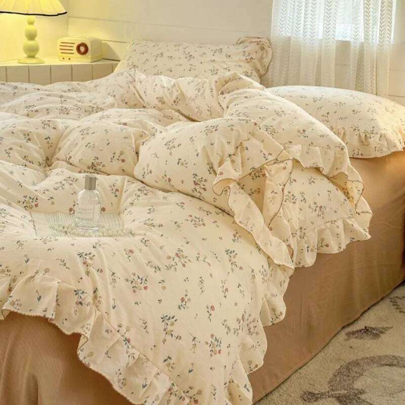 Gentle small floral four piece set aerobic knitted lace double-layer yarn duvet cover washed cotton bed sheet H260312