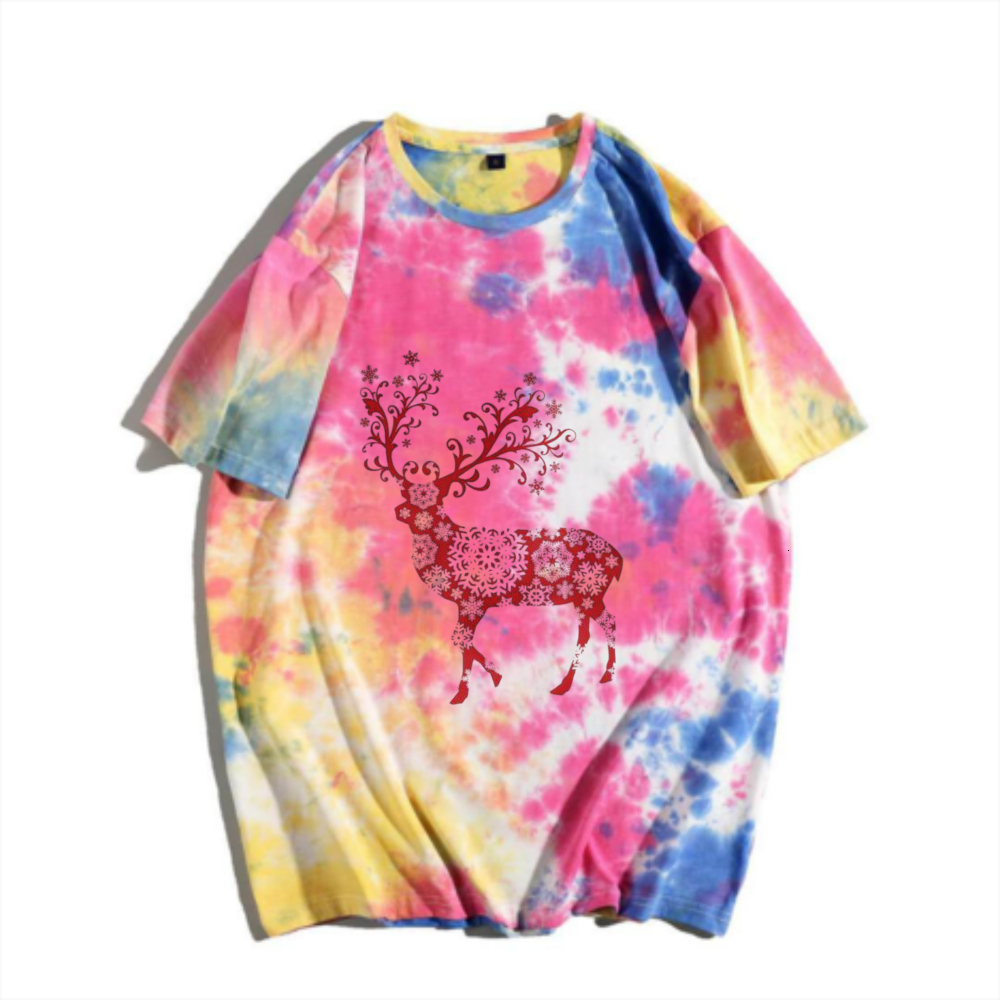 China-Chic New Chinese Snow Elk Tie Dyed Short Sleeve T-shirt Rainbow Gradual Change Paper Cuttings Spirit Deer Print Men's Summer Versatile Top