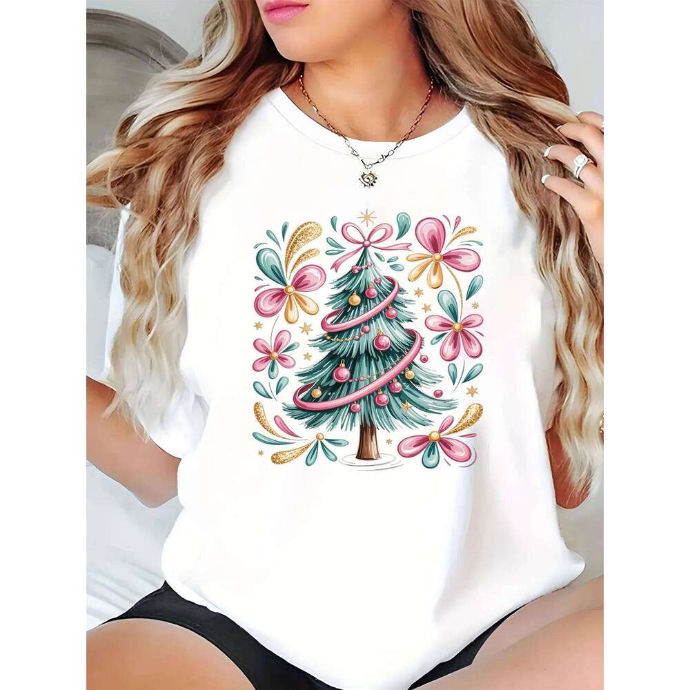 Tree Print T-Shirt Women Casual Loose Fit Holiday Top Festive Graphic Tee for Christmas Party and Daily Wear Z260312
