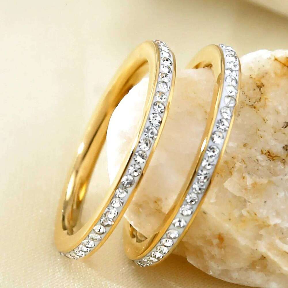 Trendy Ins Personality Niche Light Temperament Versatile Stainless Steel With Diamonds Plated 18K Gold Ring Female H260312