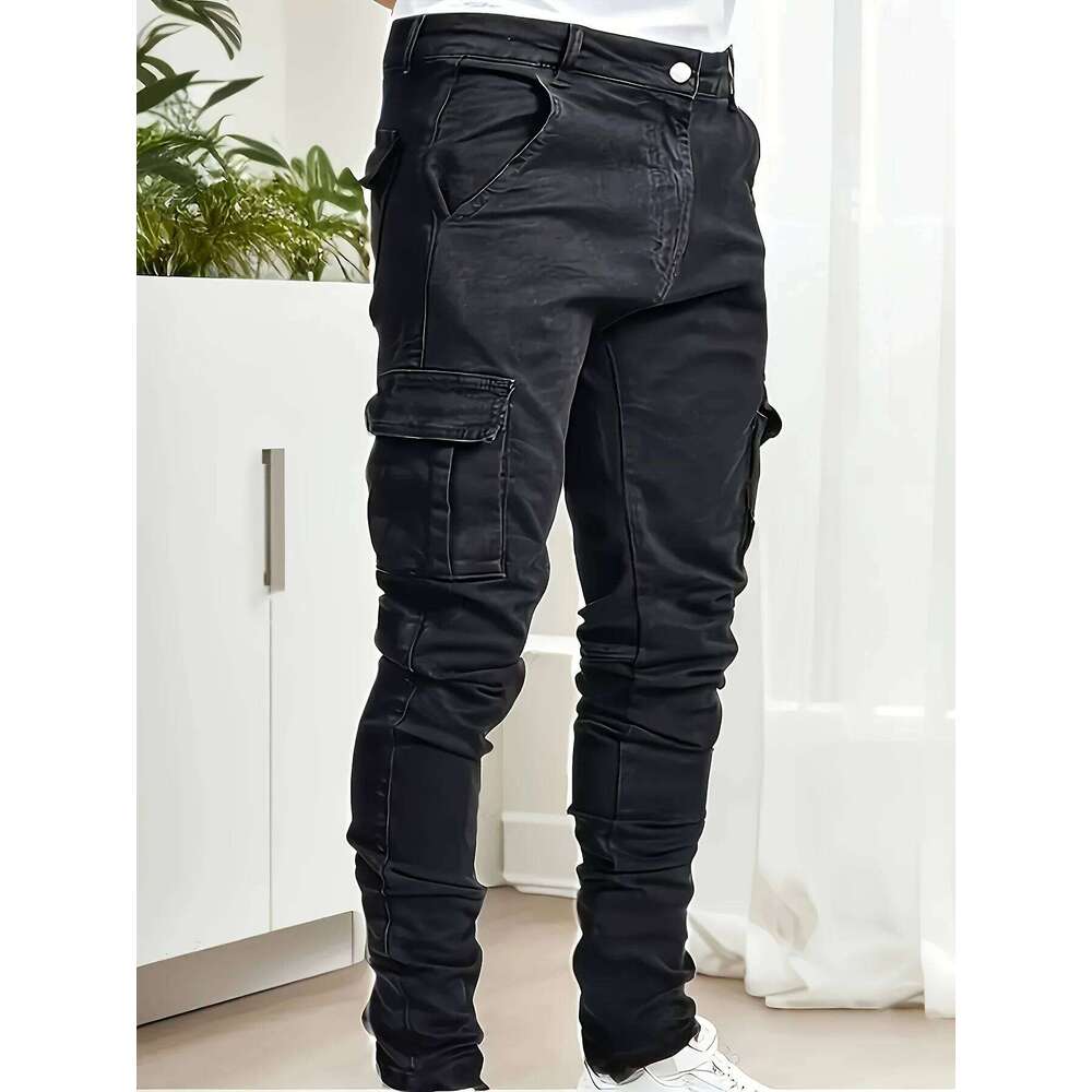 Men's workwear multi pocket jeans, casual street style straight leg denim pants 26Y0312