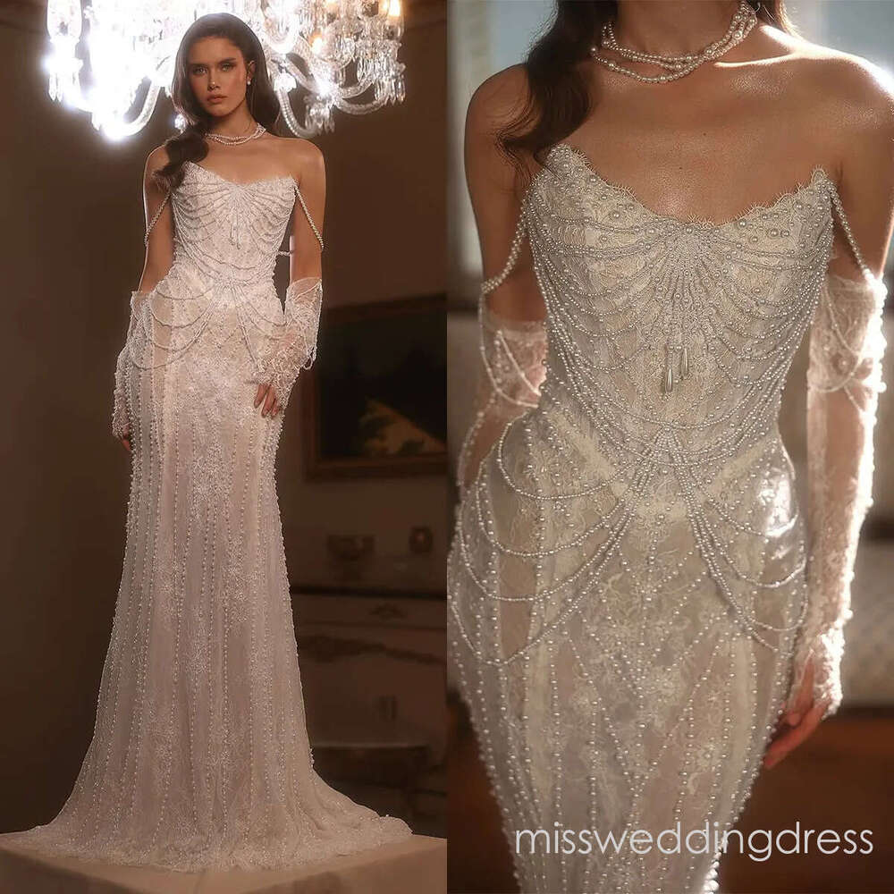 Fancy Wedding Dresses Lace Pearls Beaded Mermaid Bridal Gowns See Through Sleeveless Illusion Custom Made Princess Bride Dress Vestidos De Novia