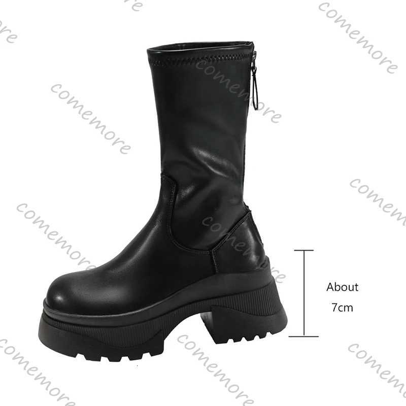 Comemore Chunky Platform Heel Women Ankle Boots Fashion Back Zippers Shoes Autumn Winter Black High Heel Leather Mid Calf Botas S260312