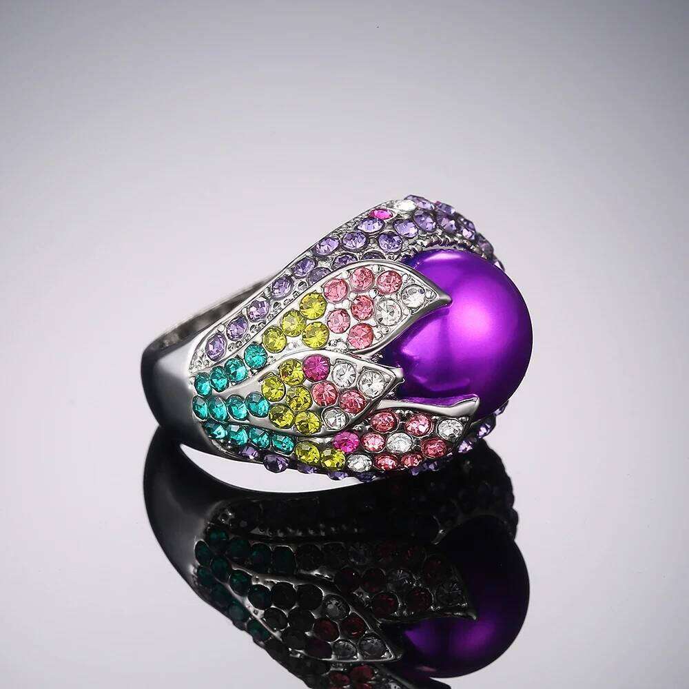 Huitan Gorgeous Colorful Cubic Zircon Violet Imitation Pearl Rings for Women Dance Party Delicate Gift Ring Lady Fashion Jewelry H260312