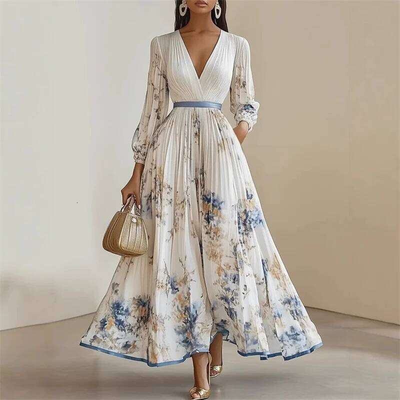 New Spring Summer Ladies Elegant Sexy V-neck Print Long Sleeve Big Swing A-line Holiday Dress Women Maxi Dresses Clothing C260312