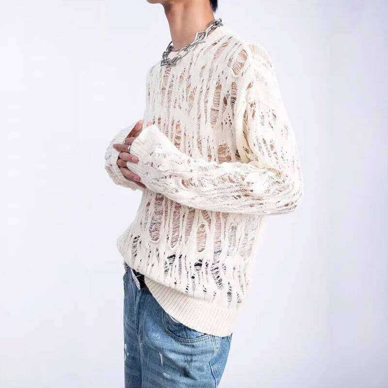 Vintage Ripped Hollow Out Mesh Knit Sweater Men Autumn Streetwear Fashion Crew Neck Long Sleeve Knitted T Shirt Mens Clothing
