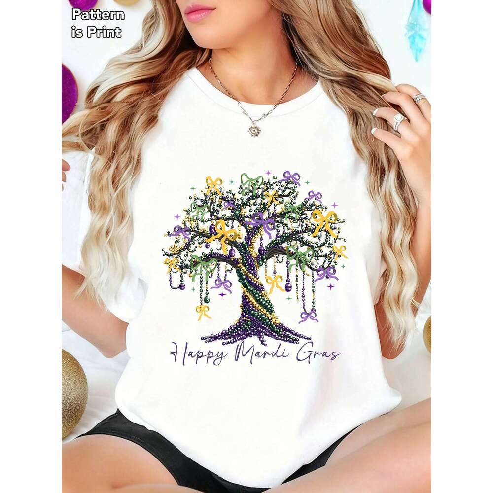 Women's Mardi Gras Festival Shirt Purple Green Gold Hanging Beads Oak Tree Graphic Tee Summer Casual Party Gift Black White Z260312