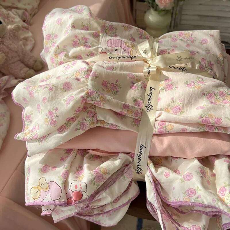 2025 New Korean Small Flower Wash Cotton Four Piece Princess Style Lace Bedding Set 4pcs bed skirt style H260312