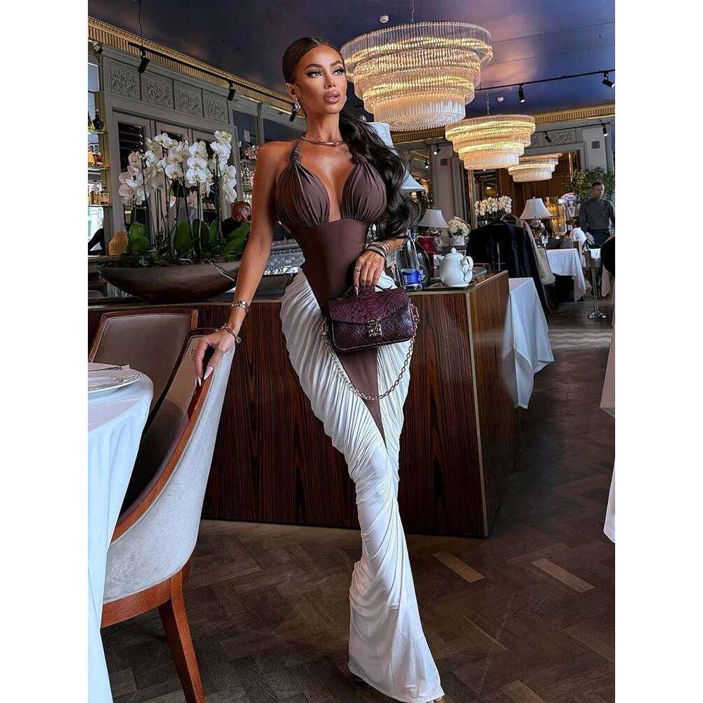 Kliou Ruched Elegant Long Dress Woman Halter Low-Neck Backless Contrast Patchwork Robe Midnight Banquet Party Classic Vestidos C260312