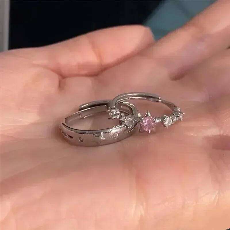 Luxury Pink Rhinestone Star for Women Men Y2k Adjustable Couple Rings Engagement Wedding Jewelry Fashion Girlfriend Gifts W260311