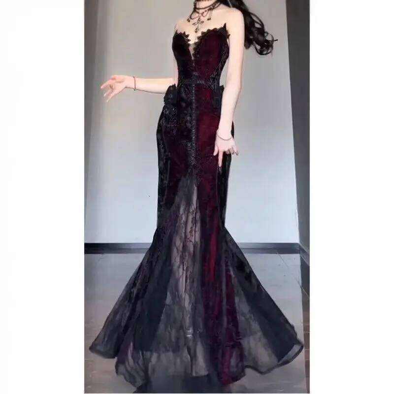 Summer Gothic Grunge Y2k Lace Women Dark Academia Sexy Slim Party Dresses Korean Fashion Design Festival Long Prom Dress C260312