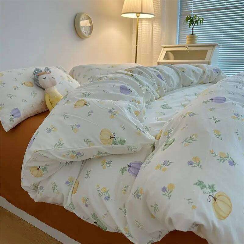 Wrinkled Yarn Washed Cotton Pastoral Four-piece Set Double Cartoon Style Bed Single Quilt Cover Dormitory Three-piece H260312