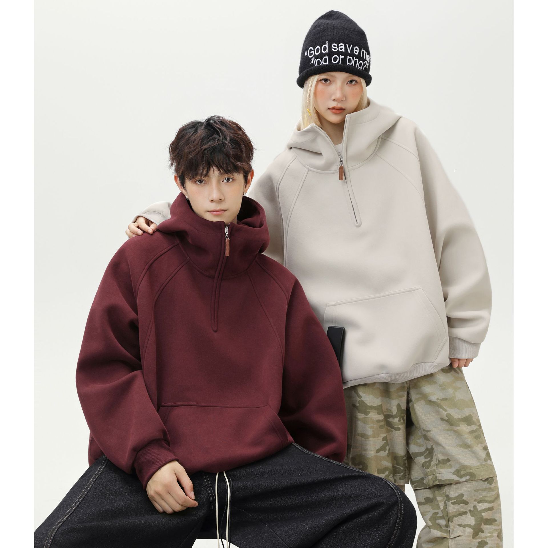 Heavyweight Style Half-zip Hoodie For Men And Women Autumn And Winter Three-dimensional Split Half-high Designer Hoodie Collar Solid Color Couple Hood