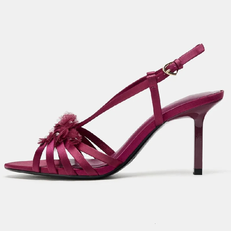 Elegant Heeled Sandal Flower Embellished Satin High Heels Sexy Open Toe Wedding Bridal Shoes 260306