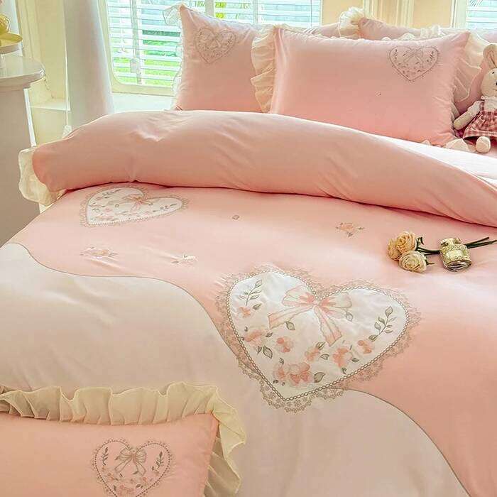 Home Textiles 2025 new girl-style patch embroidered lace washing and grinding cotton four-piece set-Fangfei series H260312