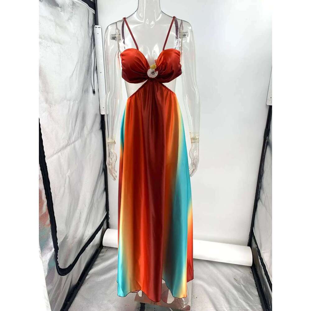 Sexy Gradient Hollow Out Maxi Dress Women Backless Sleeveless Sling Long Dresses 2025 Summer Vacation Boho Beach Satin Robes C260312