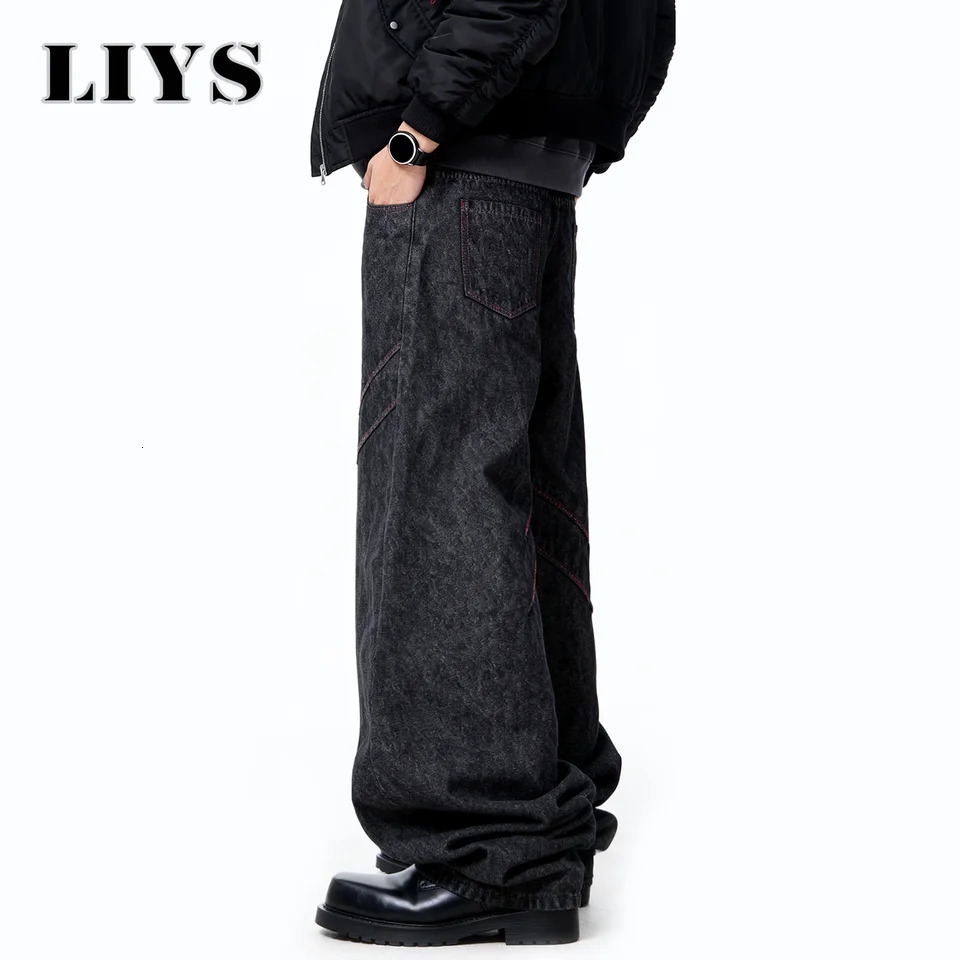 Four Seasons American Retro Mens Black Baggy Wide Leg Jeans Basic Style Business Casual Loose Denim Pants Unisex Street Jeans 260310