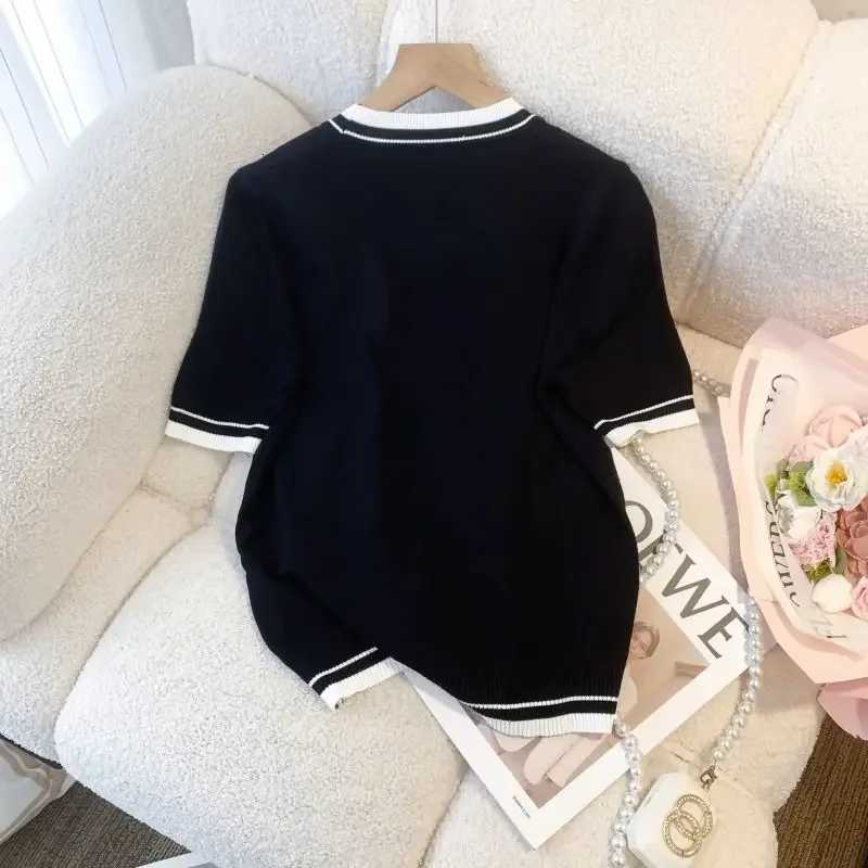 Fashion Diamond Knitted Shirts Women Summer Knit T-Shirts Short Sleeve Knitwear White Black Tops O-neck Thin Pullover NewT260312