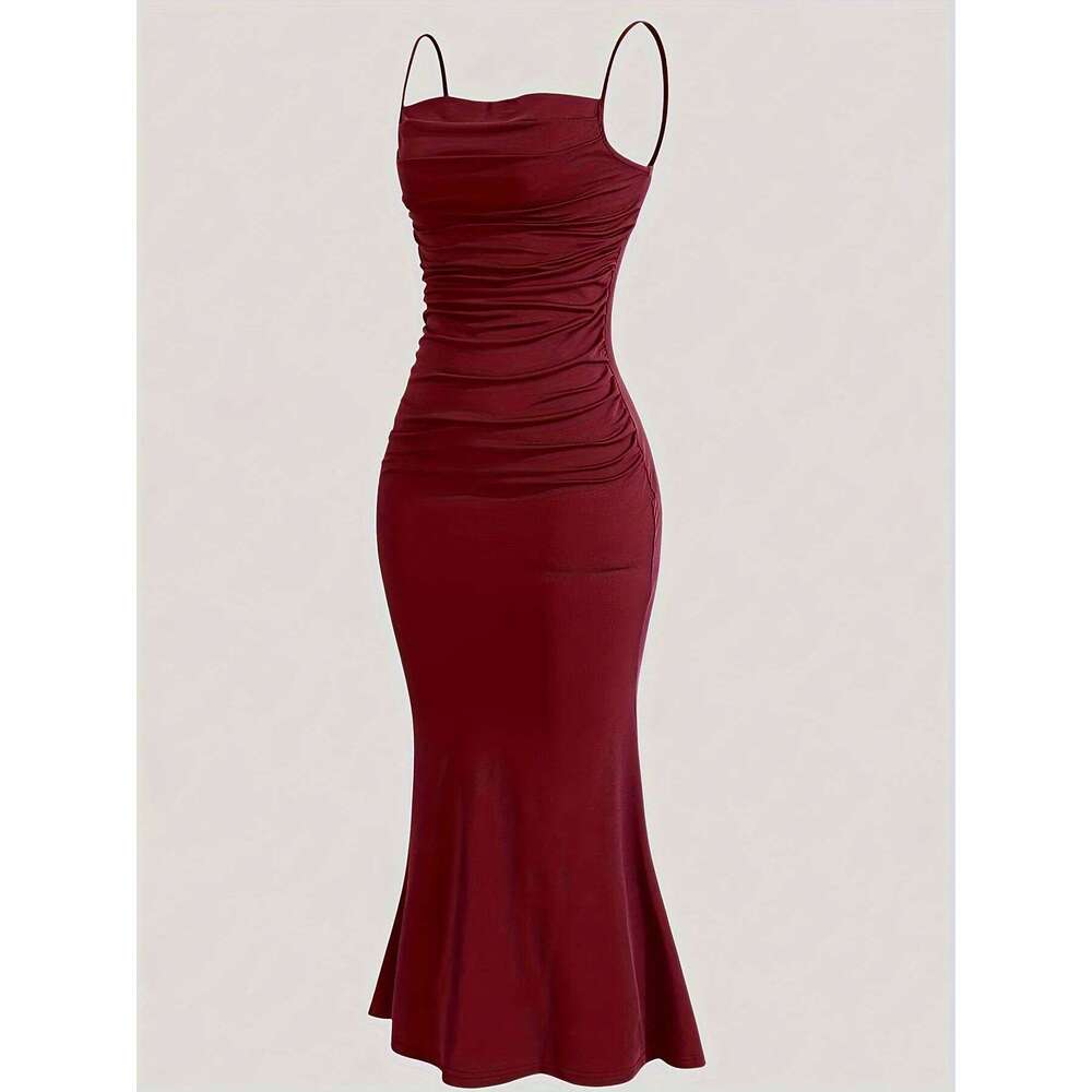 Women's Solid Color Ruched Cami Dress, Elegant Sleeveless for Party Evening Formal Occasions, Ladies Summer Dress C260311