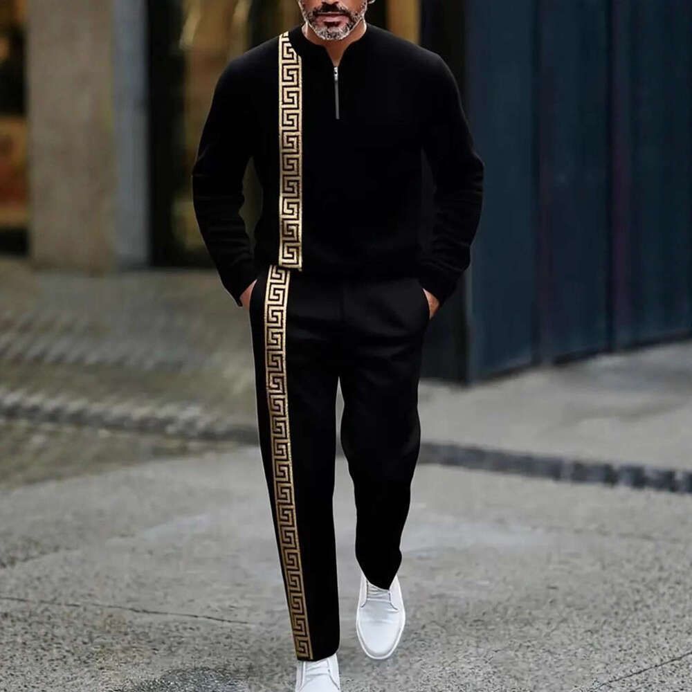 2025 European And American Amazon New Half-Open Zipper Pullover Casual Fashion Men's Sleeve Long Pants Set