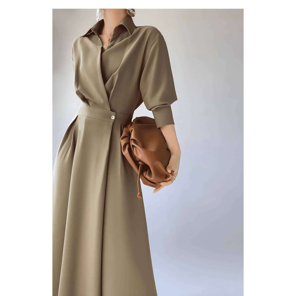 Spring and autumn women's long-sleeved lapel shirt dress, stylish elegant simple commuter Korean long skirt C260312