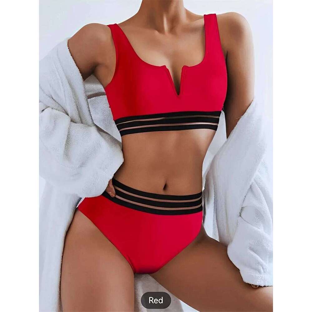 2025 Sexy V Wire Swimsuit Women Solid High Waist Bikini Black Mesh Trim Swimwear Female Padded Bathing Suit Swimming Beachwear Y260303