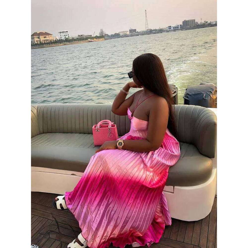 Women's Halter Top Prom Dresses Pleated Elegant Pink Backless Maxi Summer Dress Evening Wear Sexy Outfit C260312