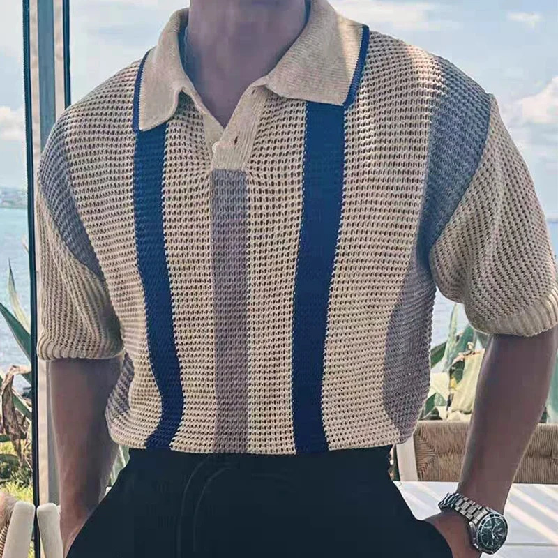 Stylish Striped Hollow Out Knit Polo Shirts Mens Vintage Polo Collar Button Knitted Tops For Men Summer Casual Breathable Polos 260311