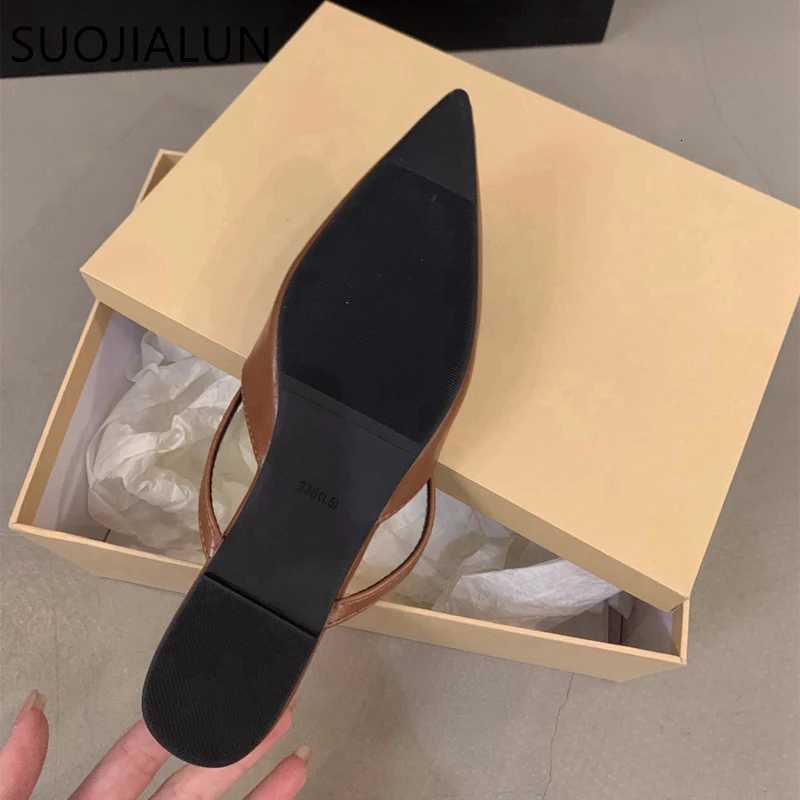 SUOJIALUN 2024 Summer New Women Flat Shoes Fashion Pointed Toe Slip On Mules Shoes Soft Flat Heel Outdoor Vaction Ladies Sandals K260312