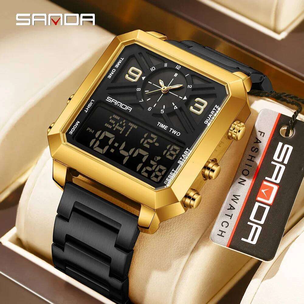 SANDA 6265 Square Display Men's Electronic Quartz Dual Movement 3ATM Waterproof Night Light Sports Business Watch