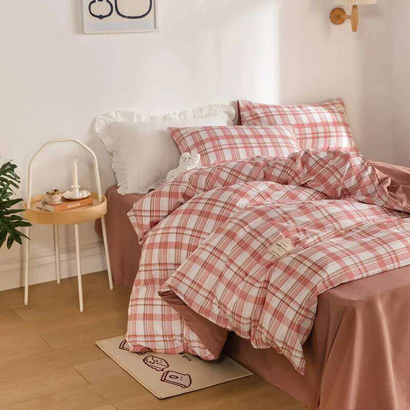 Japan Style Plaid Pattern Duvet Queen Soft Skin Friendly Washed Cotton Bedding Set Home Textile Bed Linens Quilt Cover H260312