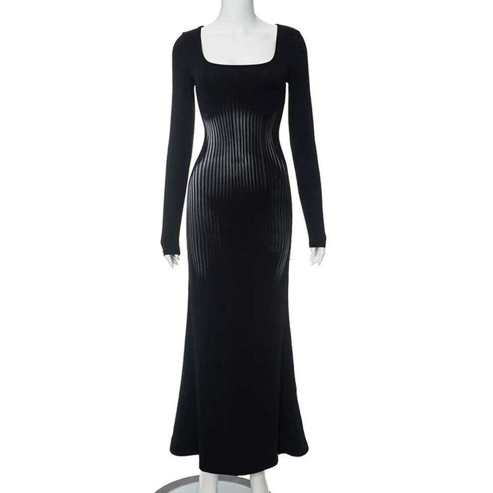 Women's square neck high waisted abstract sexy striped long sleeved dress with casual print and wrapped buttocks fishtail skirt C260312