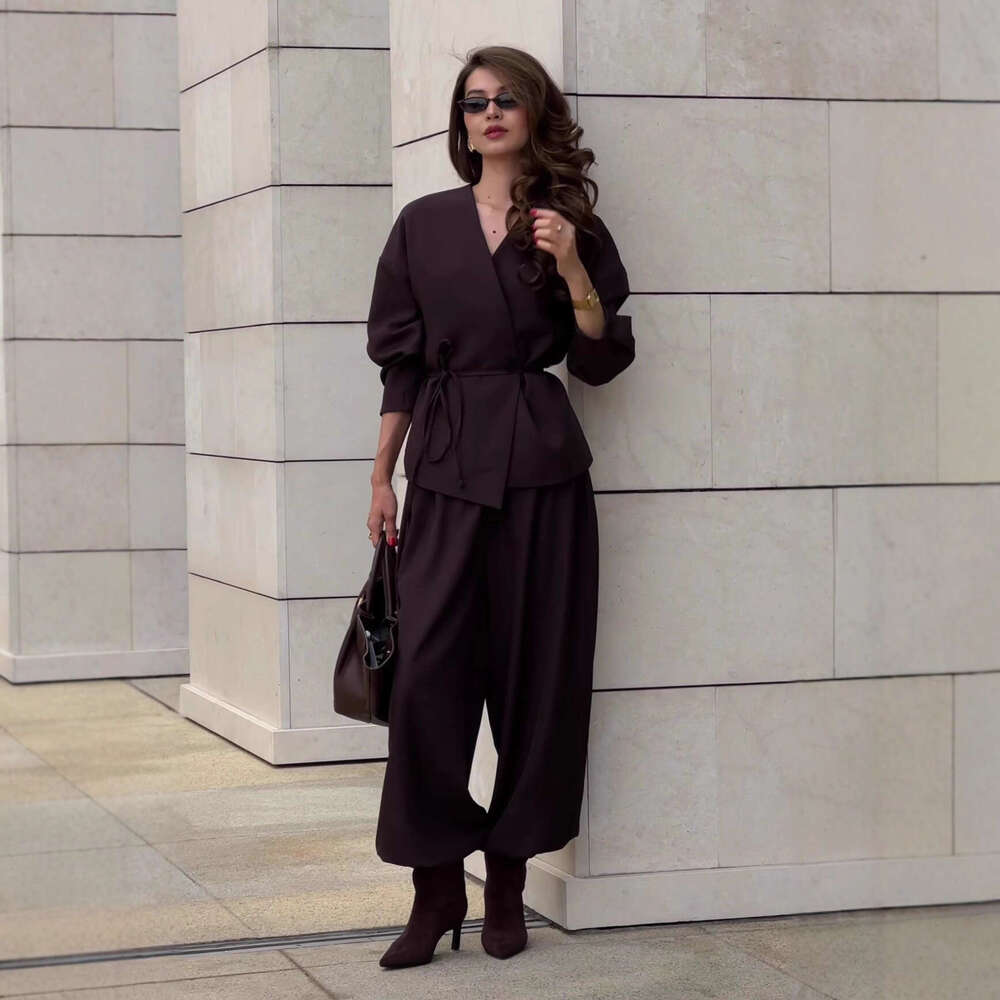 European And American Autumn New Cross Neck Long Sleeve Tie Wide Leg Pants Elegant Women S Set