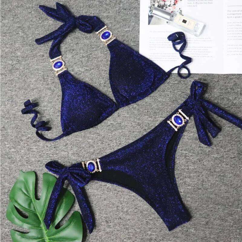 2026 Sexy Bikinis Swimsuit With Rhinestones Solid Color Swimwear Female Push Up Bikini Beach Swimming Bathing Suit Women Bather Y260303