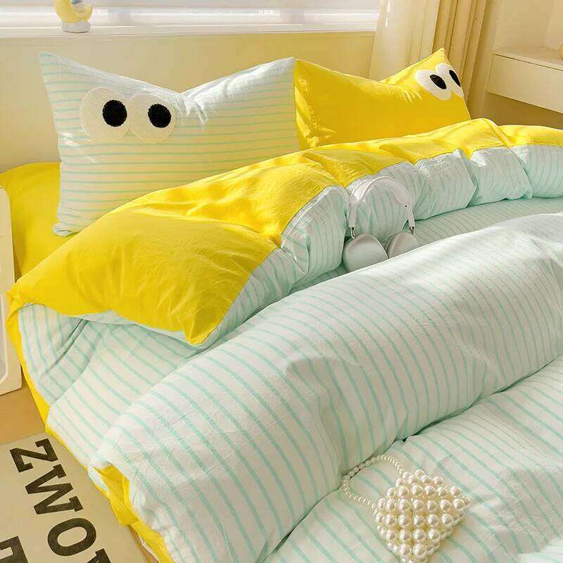 Small Fresh Cream Style Striped Simple Embroidery Big Eyes Four-piece Quilt Cover Bed Sheet Dormitory Three-piece Set H260312
