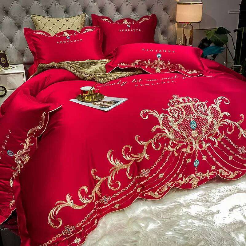 European-Style Bed Sheet Four-Piece Set 100 High-End Atmospheric Ice Silk Quilt Cover Pure Cotton Bedding H260312