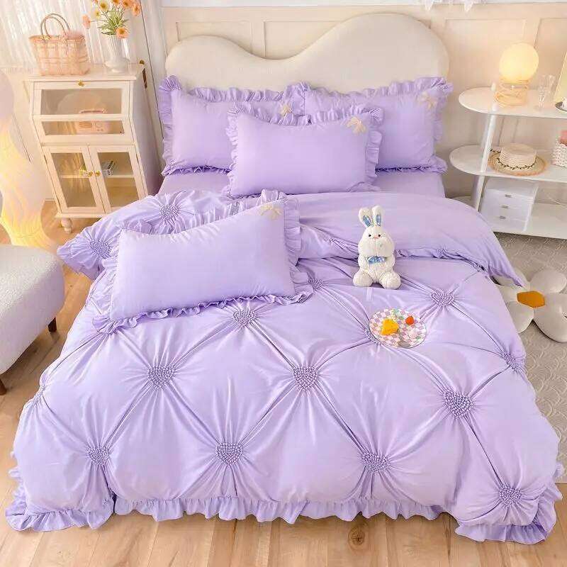 Korean version bed skirt princess style bedding set, autumn and winter thickened matte four piece set H260312