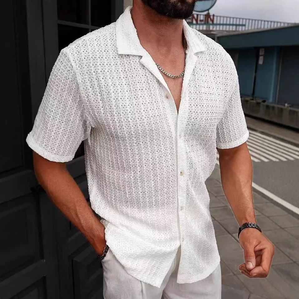European and American Mens Breathable Hollow Shirt Summer Mens Casual Knitted Shirt Short Sleeved Shirt Short Sleeved Top 260311