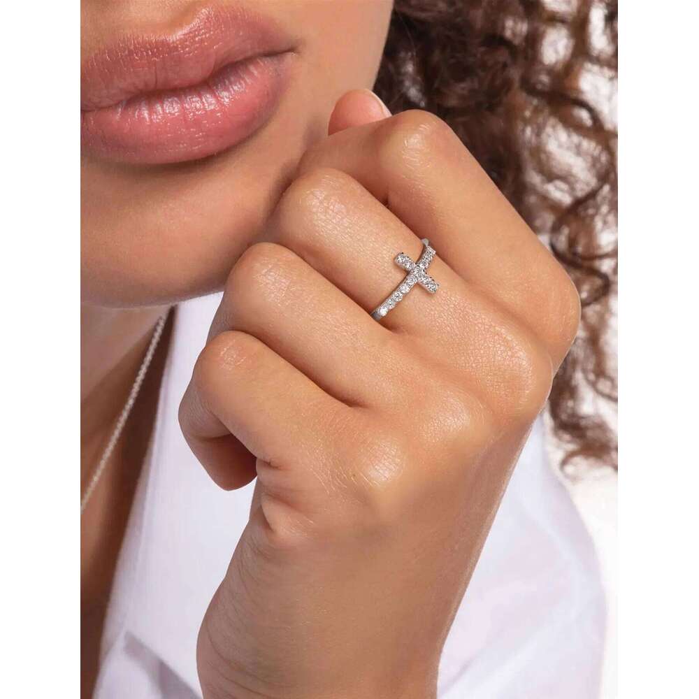 Linker Moissanite Cross Wedding Band S925 Sterling Silver Diamond Ring for Women Gold Plated Christmas Trendy Jewelry Gift H260312