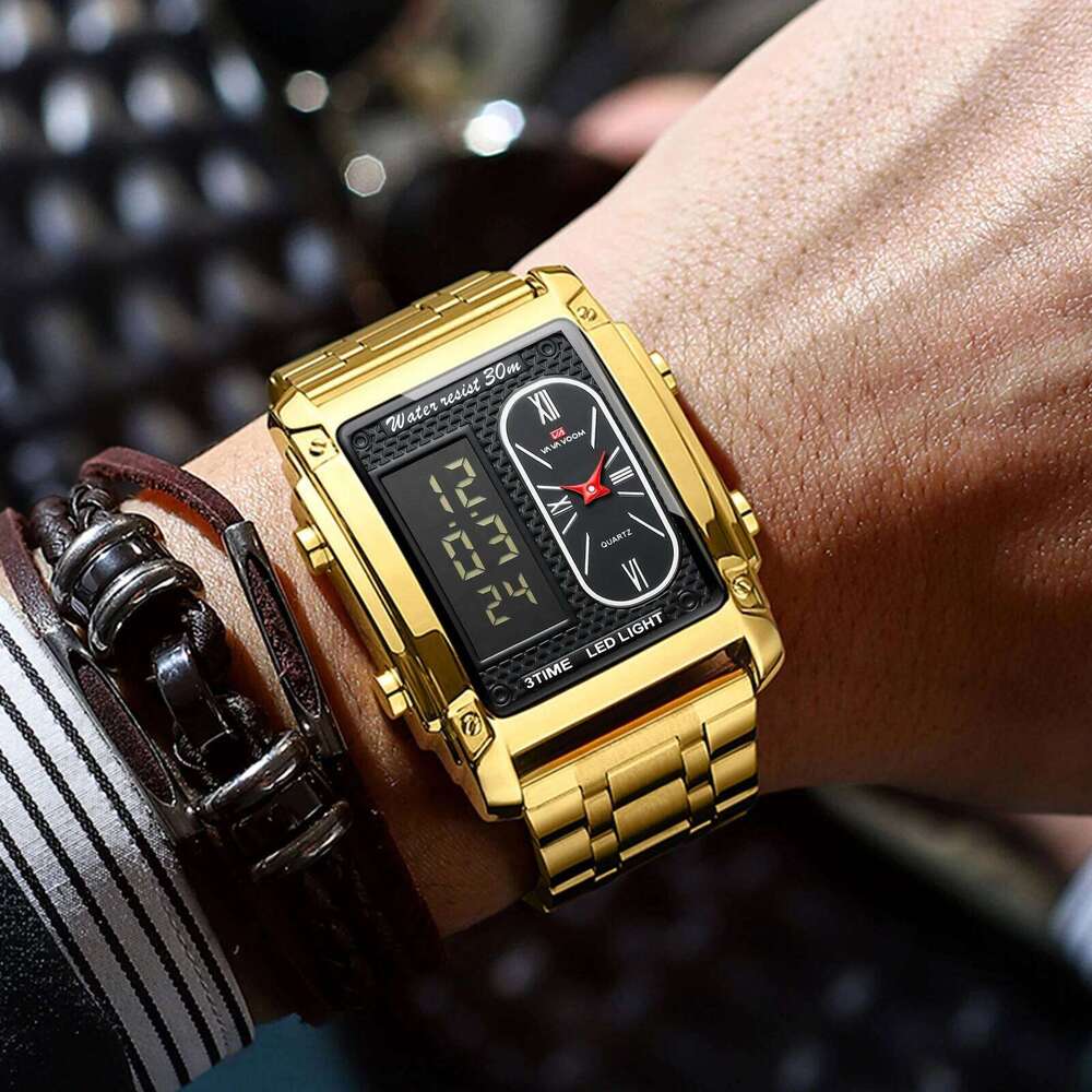 VA VOOM Men Electronic Watch Luxury Stainless Steel Gold LED Working Time Clock Alarm Function Sports Fashion Quartz Watches