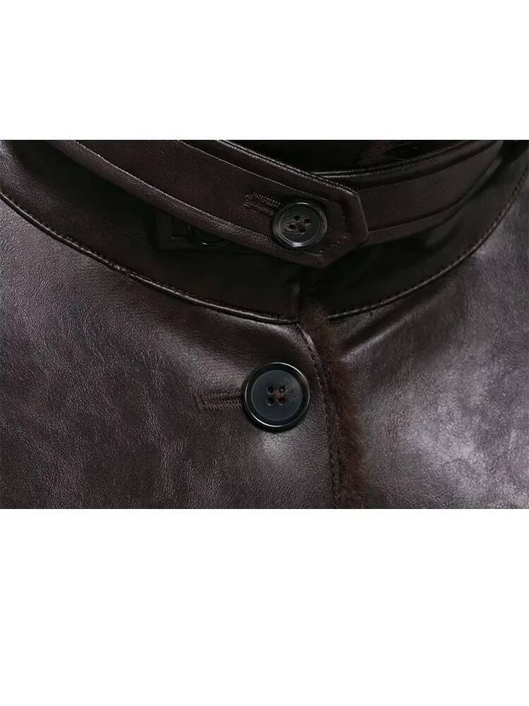 HH Women Chic Reversible Faux Fur Jacket Woman Fashion High Collar Single Breasted Pocket Decorated Long Sleeve Warm Winter Coat