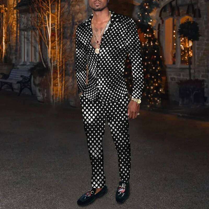 Fashion Summer Men Casual Sportswear 3D Print Striped Patches Men's Lapel Sleeve Shirt Long Pants 2 Piece Sets Clothing