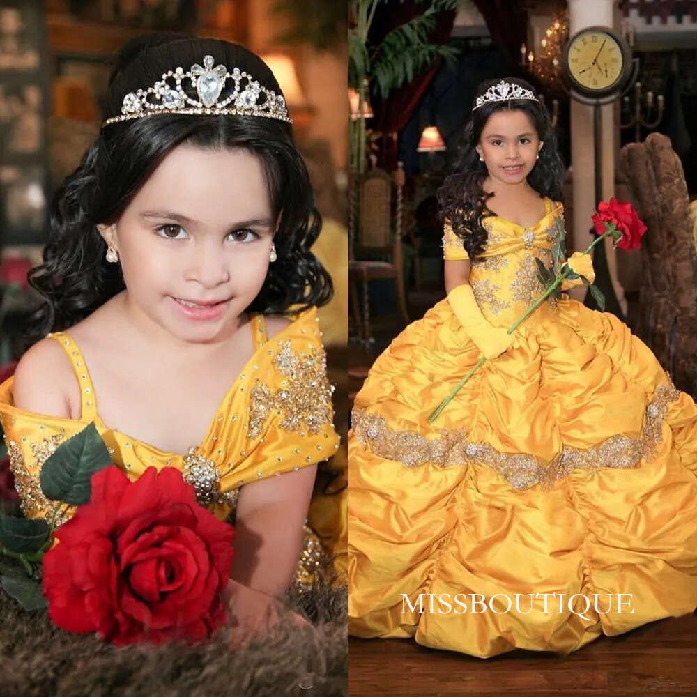 Yellow Retro Princess Cascading Ruffles Girls Pageant Dresses Crystal Beads Off Shoulder Short Sleeves Taffeta Flower Girl Dress Birthday Gowns 403 B0