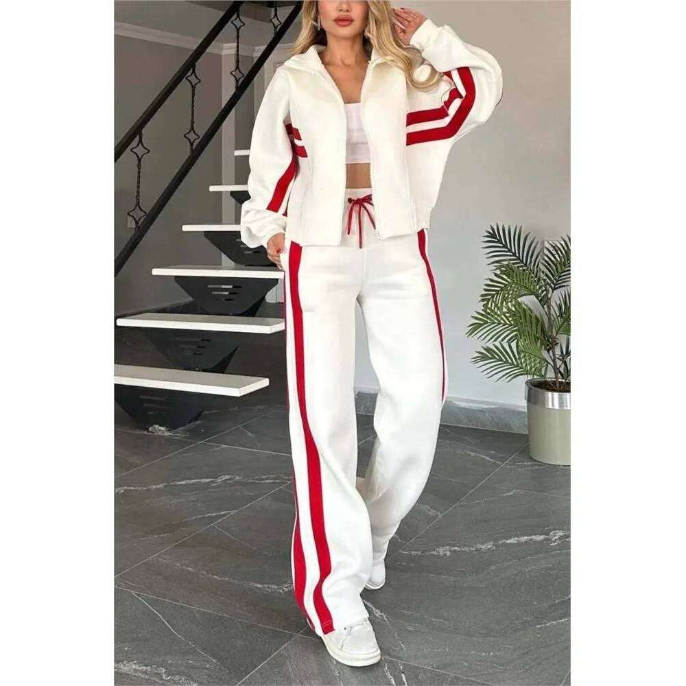 2025 Autumn Winter New Two-piece Set Women's Zipper Striped Loose Jacket Outwear And High Waist Side-striped Pants Sports Sets C260312